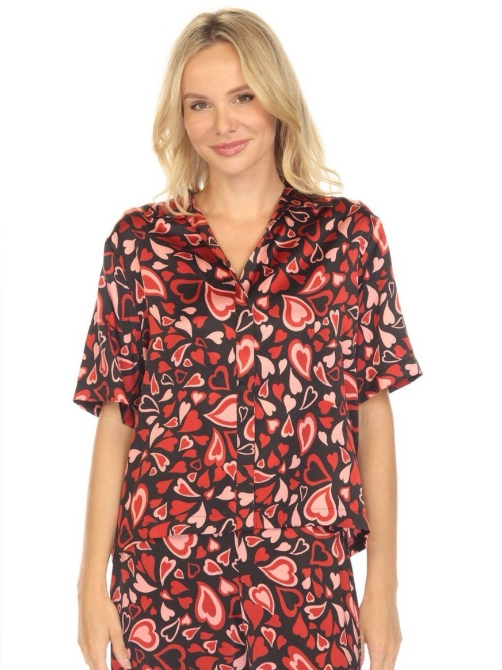 Johnny Was Black Emberlyn Short-Sleeve Heart Print Button-Up Silk Pajama Top